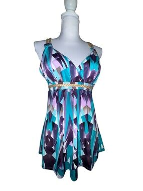 Studio Y Babydoll Tank Top M Teal Purple Geometric Empire Waist Braided Strap